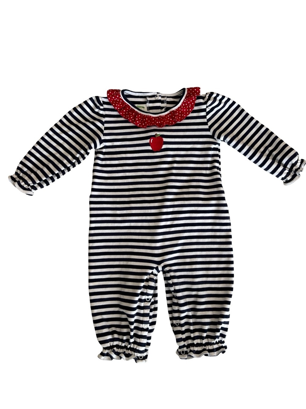 Zuccini 100% Cotton Navy Blue White Red Apple 🍎 Romper Ruffles - Picture 2 of 8